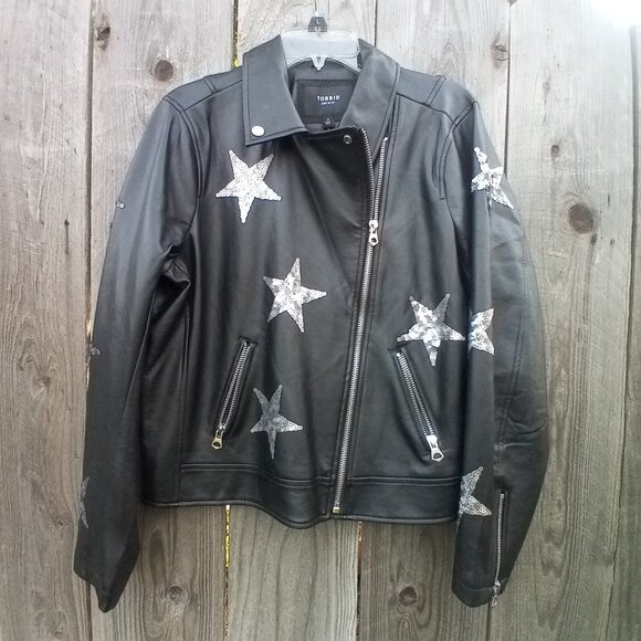 TORRID FIRST AT FIT JACKET WOMENS SZ 2 (2X)BLACK STAR SEQUIN FAUX LEATHER MOTO - Picture 1 of 15